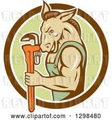 Vector Clip Art of Retro Cartoon Muscular Donkey Guy Plumber Holding a Monkey Wrench in a Brown White and Green Circle by Patrimonio