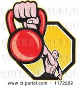 Vector Clip Art of Retro Cartoon Muscular Guy Holding out a Kettlebell over a Hexagon of Rays by Patrimonio