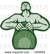 Vector Clip Art of Retro Cartoon Muscular Male Bodybuilder Athlete Lifting a Kettlebell, in Green Tones by Patrimonio