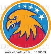 Vector Clip Art of Retro Cartoon Orange and Red American Bald Eagle Head in an Orange White and Blue Circle with Stars by Patrimonio
