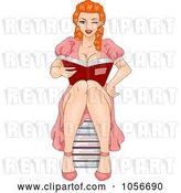 Vector Clip Art of Retro Cartoon Pinup Lady Sitting on a Stack of Books and Reading by BNP Design Studio