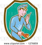 Vector Clip Art of Retro Cartoon Police Guy Talking on a Walkie Talkie and Holding a Flashlight in a Brown White and Turquoise Shield by Patrimonio