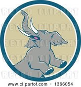 Vector Clip Art of Retro Cartoon Prancing and Rearing Elephant in a Blue White and Tan Circle by Patrimonio