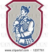 Vector Clip Art of Retro Cartoon Scotsman Playing a Bagpipe in a Shield by Patrimonio