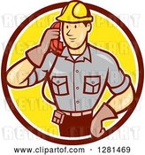 Vector Clip Art of Retro Cartoon Telephone Repair Guy Listening to a Receiver in a Brown White and Yellow Circle by Patrimonio