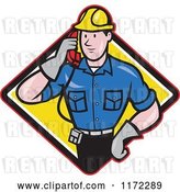 Vector Clip Art of Retro Cartoon Telephone Service Repair Guy Holding a Receiver in a Yellow Diamond by Patrimonio