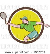 Vector Clip Art of Retro Cartoon White Guy Playing Tennis, Emerging from a Brown White and Yellow Circle by Patrimonio