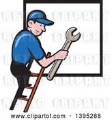 Vector Clip Art of Retro Cartoon White Handy Guy Holding a Spanner Wrench and Climbing a Ladder to a Window or Sign by Patrimonio
