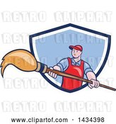 Vector Clip Art of Retro Cartoon White Male Artist Holding a Giant Paintbrush in a Blue and White Shield by Patrimonio