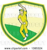 Vector Clip Art of Retro Cartoon White Male Cricket Player Fast Bowling in a Shield by Patrimonio