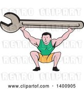 Vector Clip Art of Retro Cartoon White Male Mechanic Squatting and Holding up a Giant Spanner Wrench by Patrimonio