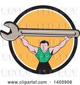 Vector Clip Art of Retro Cartoon White Male Mechanic Squatting and Holding up a Giant Spanner Wrench in a Black White and Orange Circle by Patrimonio