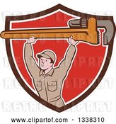 Vector Clip Art of Retro Cartoon White Male Plumber Holding a Giant Monkey Wrench over His Head, Emerging from a Brown White and Red Shield by Patrimonio