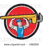 Vector Clip Art of Retro Cartoon White Male Plumber Holding up a Giant Monkey Wrench in a Black, White and Red Circle by Patrimonio