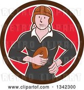 Vector Clip Art of Retro Cartoon White Male Rugby Player Holding the Ball in a Brown White and Red Circle by Patrimonio