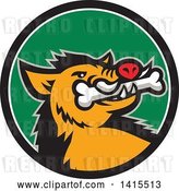 Vector Clip Art of Retro Cartoon Wild Boar Pig with a Bone in Its Mouth, Inside a Black White and Green Circle by Patrimonio