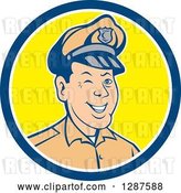 Vector Clip Art of Retro Cartoon Winking White Male Police Officer in a Blue White and Yellow Circle by Patrimonio