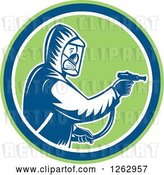 Vector Clip Art of Retro Cartoon Woodcut Pest Control Exterminator Spraying in a Green Blue and White Circle by Patrimonio