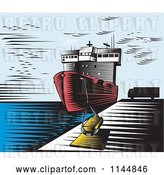 Vector Clip Art of Retro Cartoon Woodcut Ship at Dock by Patrimonio