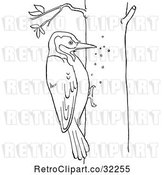 Vector Clip Art of Retro Cartoon Woodpecker on a Tree Line Drawing by Picsburg