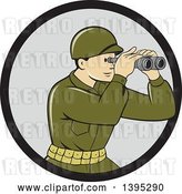 Vector Clip Art of Retro Cartoon World War One American Soldier Looking Through the Binoculars in a Black and Gray Circle by Patrimonio