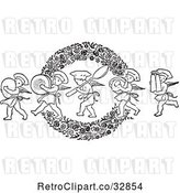 Vector Clip Art of Retro Chef Cherubs Marching with Kitchen Items over a Floral Wreath by Picsburg