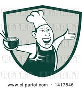 Vector Clip Art of Retro Chef Holding a Bowl of Hot Noodle Soup and Cheering, Welcoming or Dancing in a Shield by Patrimonio