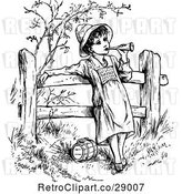 Vector Clip Art of Retro Child and Horn by a Fence by Prawny Vintage