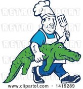 Vector Clip Art of Retro Chubby Male Chef Carrying an Alligator and Holding up a Spatula by Patrimonio