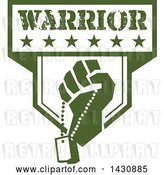 Vector Clip Art of Retro Clenched Fist Holding Military Dog Tags in a Green and White Warrior Crest by Patrimonio