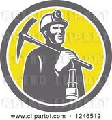 Vector Clip Art of Retro Coal Miner with a Lantern and Pickaxe in a Circle by Patrimonio