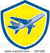 Vector Clip Art of Retro Commercial Airliner in a Blue and Yellow Shield by Patrimonio