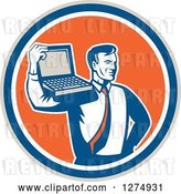 Vector Clip Art of Retro Computer Repair or Businessman with a Laptop on His Shoulder in a Taupe Blue White and Orange Circle by Patrimonio