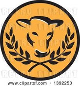 Vector Clip Art of Retro Cow Head and Laurel Branches in a Black and Orange Circle by Patrimonio