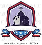 Vector Clip Art of Retro Crest with a Battleship with Stars and Stripes Flags by Patrimonio