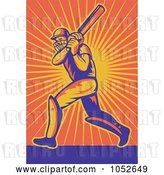Vector Clip Art of Retro Cricket Batsman over Orange Rays by Patrimonio