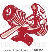 Vector Clip Art of Retro Crossed Red Sledgehammer and Dumbbell over an Anvil by Patrimonio
