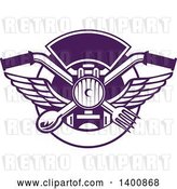 Vector Clip Art of Retro Crossed Spoon and Fork over Motorcycle Handlebars and Headlamp in a Purple and White Plate Circle by Patrimonio