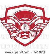 Vector Clip Art of Retro Crossed Spoon and Fork over Motorcycle Handlebars and Headlamp in a Red and White Shield by Patrimonio