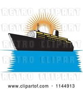Vector Clip Art of Retro Cruise Ship and Orange Sun by Patrimonio