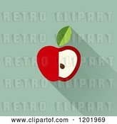 Vector Clip Art of Retro Cut Red Apple and Leaf with a Shadow on Green by Elena