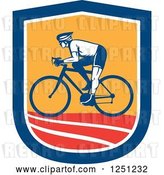 Vector Clip Art of Retro Cyclist Guy in a Blue White Orange and Red Shield by Patrimonio