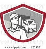 Vector Clip Art of Retro Delivery Guy and Truck in a Shield by Patrimonio
