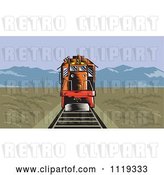 Vector Clip Art of Retro Diesel Train on Tracks in a Flat Landscape with Mountains in the Distance by Patrimonio