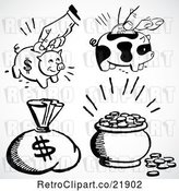 Vector Clip Art of Retro Digital Collage of a Money Sack, Piggy Banks and Coins by BestVector