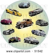 Vector Clip Art of Retro Digital Collage of Coupes, Classic and Sports Cars in a Circle by