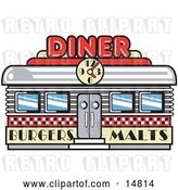Vector Clip Art of Retro Diner Building with a Clock on It and Signs Advertising Burgers and Malts by Andy Nortnik