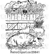 Vector Clip Art of Retro Dog and KChildren Looking into a Pig Pen by Prawny Vintage