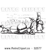Vector Clip Art of Retro Dog Pulling a Boulder in a Wheel Barrow in Black and White by Picsburg