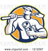 Vector Clip Art of Retro Drainlayer Guy Carrying a Shovel and Pipe by Patrimonio